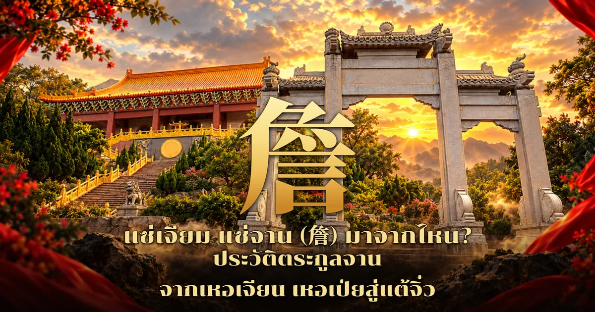 ภาพปกอักษร 詹 สีทองตัวใหญ่กลางภาพ ขวามือเป็นซุ้มประตูหินแกะสลัก ซ้ายมือเป็นอาคารศาลบรรพชนหลังคากระเบื้องเคลือบสีส้ม บันไดราวสีทองทอดขึ้นเนิน มีสิงโตหิน ฉากภูเขายามพระอาทิตย์ตกและดอกไม้แดง พร้อมข้อความ แซ่เจียม แซ่จาน (詹) มาจากไหน? ประวัติตระกูลจาน จากเหอเจียน เหอเป่ยสู่แต้จิ๋ว