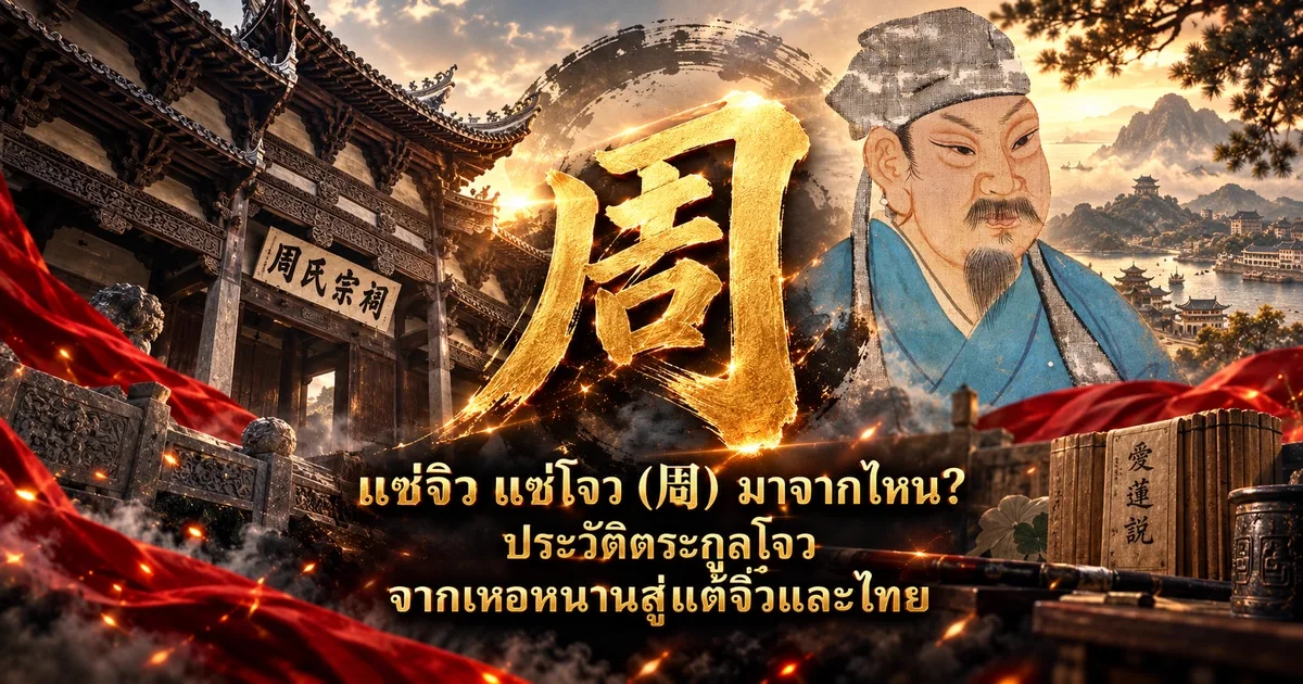 ภาพปกอักษร 周 สีทองขนาดใหญ่ ด้านซ้ายเป็นศาลบรรพชนจีนมีป้ายชื่อศาลตระกูลโจว ด้านขวาเป็นภาพวาดบัณฑิตจีนสวมหมวกผ้าสีเทาและเสื้อคลุมสีฟ้า มุมขวาล่างมีม้วนตำราเขียนชื่อความเรียงว่าด้วยความรักดอกบัว พร้อมข้อความ แซ่จิว แซ่โจว (周) มาจากไหน? ประวัติตระกูลโจว จากเหอหนานสู่แต้จิ๋วและไทย