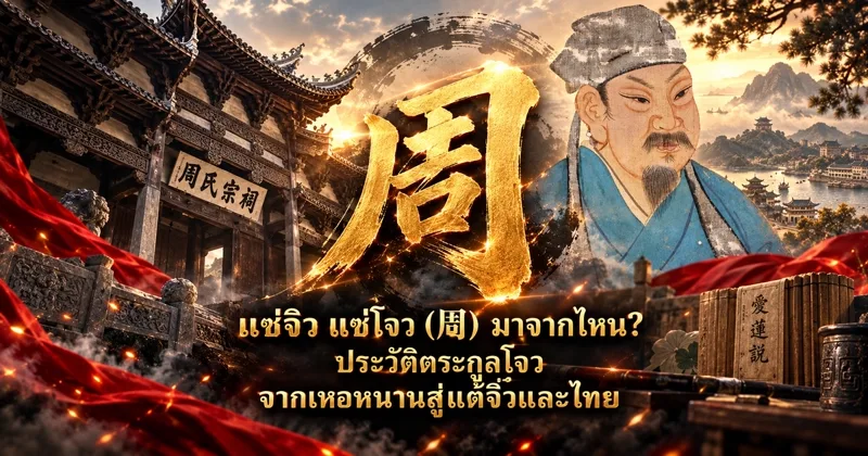 ภาพปกอักษร 周 สีทองขนาดใหญ่ ด้านซ้ายเป็นศาลบรรพชนจีนมีป้ายชื่อศาลตระกูลโจว ด้านขวาเป็นภาพวาดบัณฑิตจีนสวมหมวกผ้าสีเทาและเสื้อคลุมสีฟ้า มุมขวาล่างมีม้วนตำราเขียนชื่อความเรียงว่าด้วยความรักดอกบัว พร้อมข้อความ แซ่จิว แซ่โจว (周) มาจากไหน? ประวัติตระกูลโจว จากเหอหนานสู่แต้จิ๋วและไทย