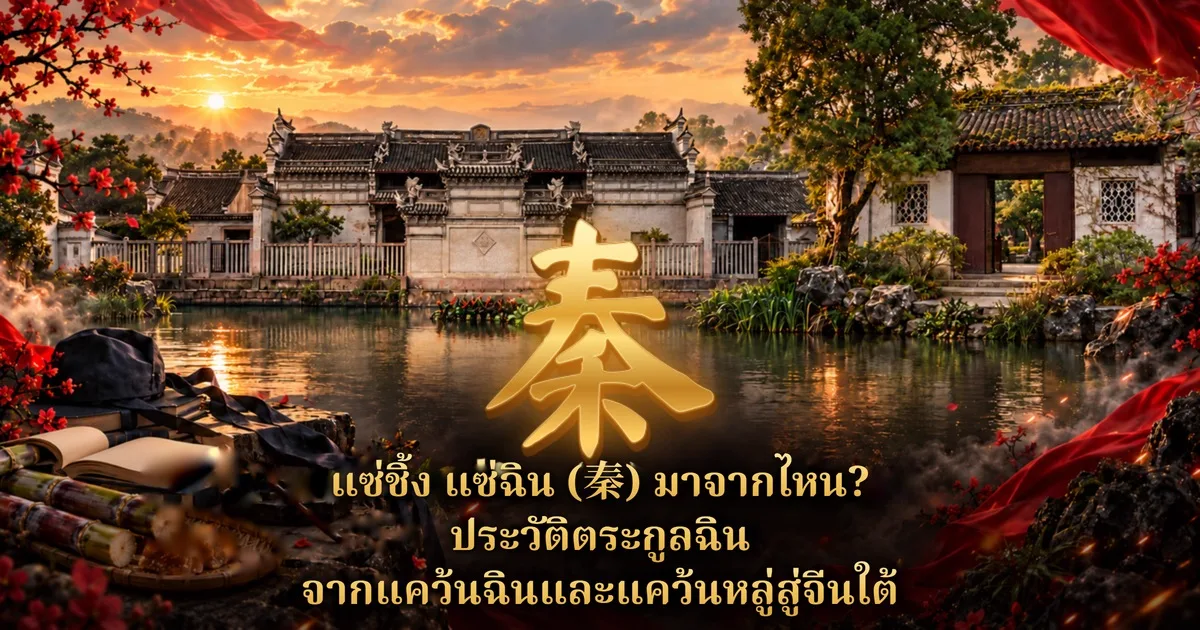 ภาพปกแซ่ชิ้ง แซ่ฉิน อักษรทอง 秦 กลางภาพ ด้านหลังเป็นอาคารจีนโบราณหลังคากระเบื้องริมสระน้ำยามอาทิตย์ตก มีอ้อย น้ำตาลแผ่น และหนังสือวางด้านหน้า พร้อมข้อความ แซ่ชิ้ง แซ่ฉิน (秦) มาจากไหน? ประวัติตระกูลฉิน จากแคว้นฉินและแคว้นหลู่สู่จีนใต้