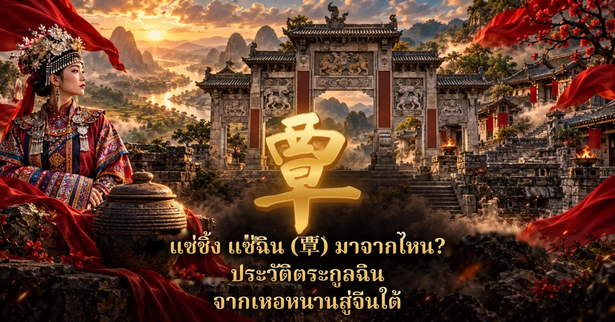อักษรทอง 覃 กลางภาพ มีซุ้มประตูหินแบบจีนและหญิงสาวในชุดชนเผ่าปักลายนั่งข้างไหดินเผา เบื้องหลังเป็นภูเขาหินปูนแบบกว่างซี พร้อมข้อความ แซ่ชิ้ง แซ่ฉิน (覃) มาจากไหน? ประวัติตระกูลฉิน จากเหอหนานสู่จีนใต้