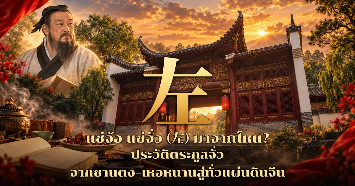 ภาพปกแซ่จั่ว อักษร 左 สีทองขนาดใหญ่ ข้างภาพปราชญ์จีนโบราณไว้เคราในชุดขาวคอเสื้อดำ ซุ้มประตูศาลไม้สีแดงหลังคาปลายงอน หนังสือเก่า และจานไก่ พร้อมข้อความ แซ่จ้อ แซ่จั่ว (左) มาจากไหน? ประวัติตระกูลจั่ว จากซานตง–เหอหนานสู่ทั่วแผ่นดินจีน