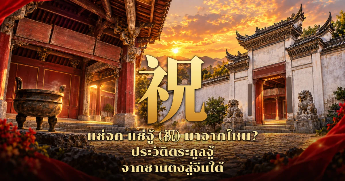 ภาพปกแซ่จู้ อักษร 祝 สีทองขนาดใหญ่ระหว่างศาลไม้เสาแดงกับกระถางธูปสำริด และกำแพงขาวซุ้มประตูศาลบรรพชนมีสิงโตหินคู่ ท้องฟ้ายามพระอาทิตย์ตก พร้อมข้อความ แซ่จก แซ่จู้ (祝) มาจากไหน? ประวัติตระกูลจู้ จากซานตงสู่จีนใต้