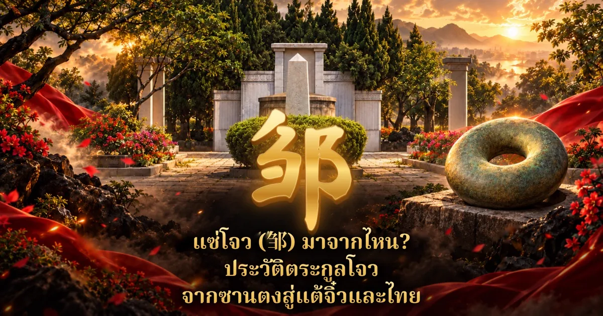อักษรจีน 邹 สีทองขนาดใหญ่ตรงกลาง ฉากหลังเป็นอนุสรณ์หินสีขาวมีเสาหินแหลมท่ามกลางต้นไม้และดอกไม้สีแดงยามเย็น ทางขวามีวัตถุสำริดรูปวงแหวน พร้อมข้อความ แซ่โจว (邹) มาจากไหน? ประวัติตระกูลโจว จากซานตงสู่แต้จิ๋วและไทย