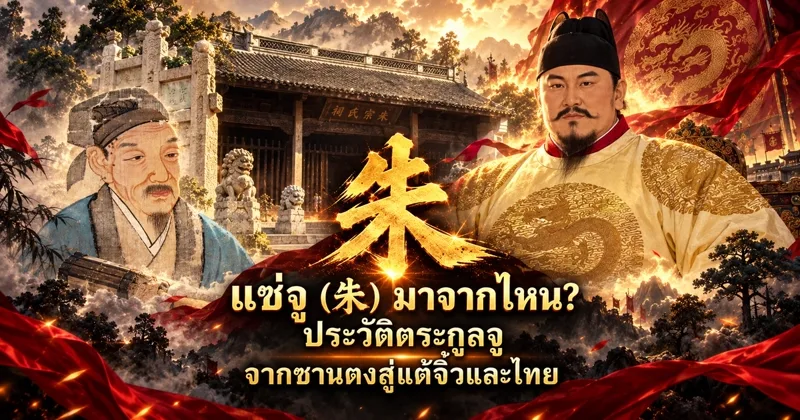 ภาพปกอักษร 朱 สีทองกลางภาพ ด้านซ้ายเป็นนักปราชญ์ชราในเสื้อคลุมสีฟ้า ด้านหลังเป็นศาลบรรพชนแซ่จูมีสิงโตหินคู่ ด้านขวาเป็นฮ่องเต้ราชวงศ์หมิงในฉลองพระองค์ลายมังกร พร้อมข้อความแซ่จู (朱) มาจากไหน ประวัติตระกูลจู