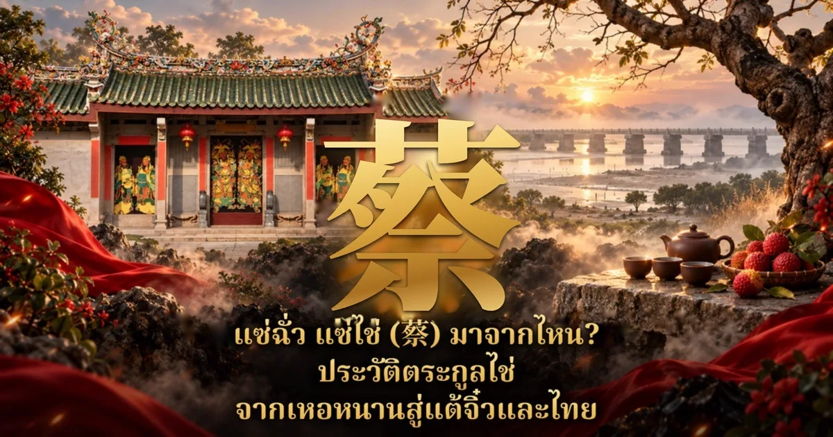 ศาลบรรพชนแบบจีนมีภาพเทพทวารบาลที่ประตู สะพานหินยาวข้ามน้ำยามพระอาทิตย์ตก ชุดน้ำชากับตะกร้าลิ้นจี่ ตัวอักษรจีนสีทองขนาดใหญ่ และข้อความ แซ่ฉั่ว แซ่ไช่ (蔡) มาจากไหน? ประวัติตระกูลไช่ จากเหอหนานสู่แต้จิ๋วและไทย