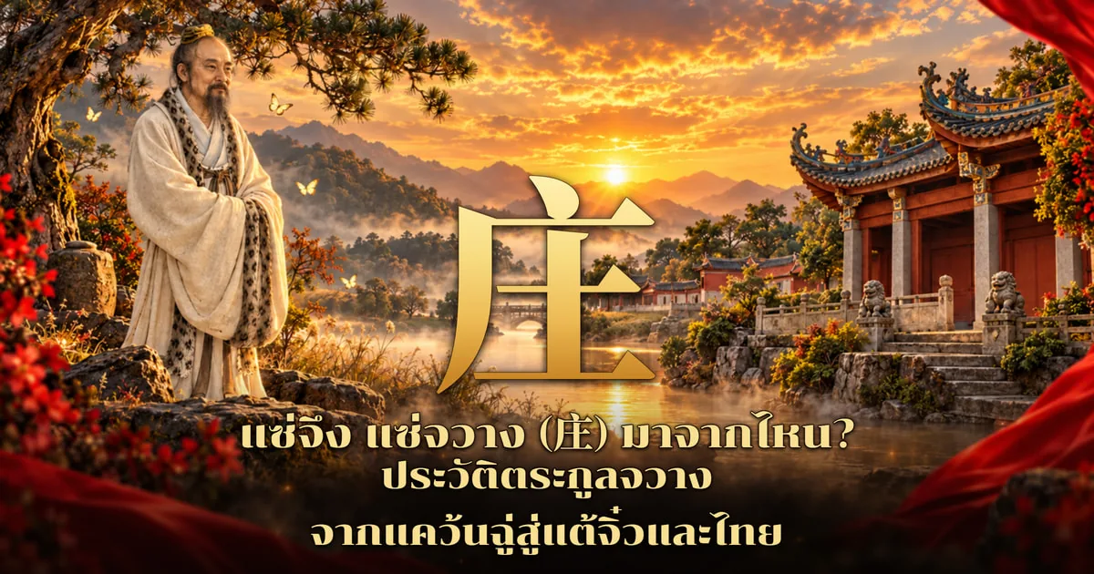 ภาพปกแซ่จึง แซ่จวาง อักษร 庄 สีทองตัวใหญ่กลางภาพ ด้านซ้ายเป็นนักปราชญ์ชราชุดขาวขอบลายจุดยืนใต้ต้นสนกับผีเสื้อ ด้านขวาเป็นศาลจีนเสาแดงมีสิงโตหินริมน้ำ ฟ้ายามอาทิตย์ตกและภูเขา พร้อมข้อความหัวเรื่องภาษาไทย