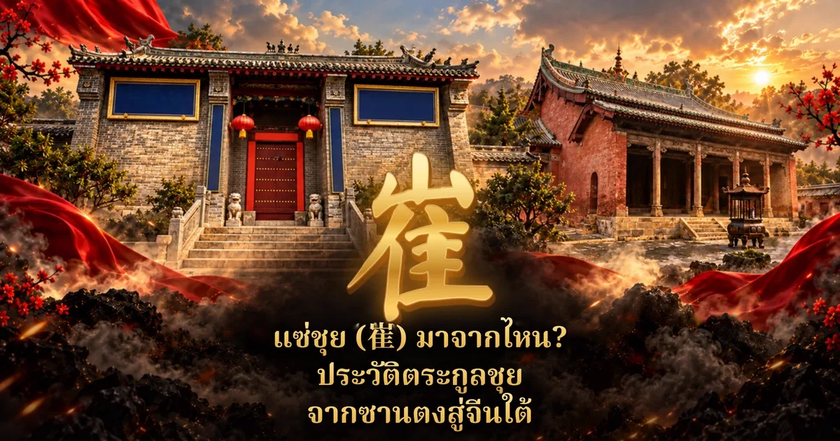 ตัวอักษรจีน 崔 สีทองขนาดใหญ่กลางภาพ ด้านหลังเป็นอาคารแบบศาลบรรพชนจีนก่ออิฐเทามีโคมแดงและวิหารอิฐแดงยามตะวันตกดิน มีผ้าแดงและดอกบ๊วย ข้อความไทยด้านล่างว่า แซ่ชุย (崔) มาจากไหน? ประวัติตระกูลชุย จากซานตงสู่จีนใต้