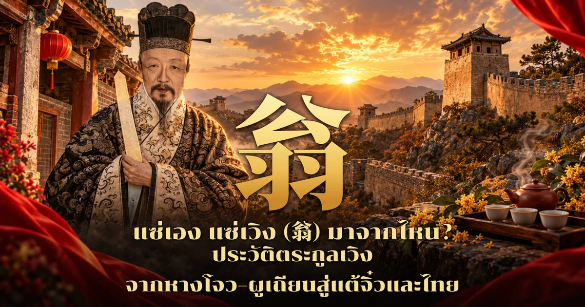 ภาพปกอักษร 翁 สีทองตัวใหญ่กลางภาพ ด้านซ้ายเป็นขุนนางจีนสวมหมวกดำทรงสูง เสื้อคลุมปักลาย ถือป้ายฮู่ หน้าอาคารแขวนโคมแดง ด้านขวาเป็นกำแพงเมืองจีนและหอสังเกตการณ์บนภูเขายามพระอาทิตย์ตก มุมขวาล่างมีกาน้ำชาดินเผากับถ้วยชาบนถาดไม้และดอกกุ้ยสีทอง พร้อมข้อความ แซ่เอง แซ่เวิง (翁) มาจากไหน? ประวัติตระกูลเวิง จากหางโจว–ผูเถียนสู่แต้จิ๋วและไทย