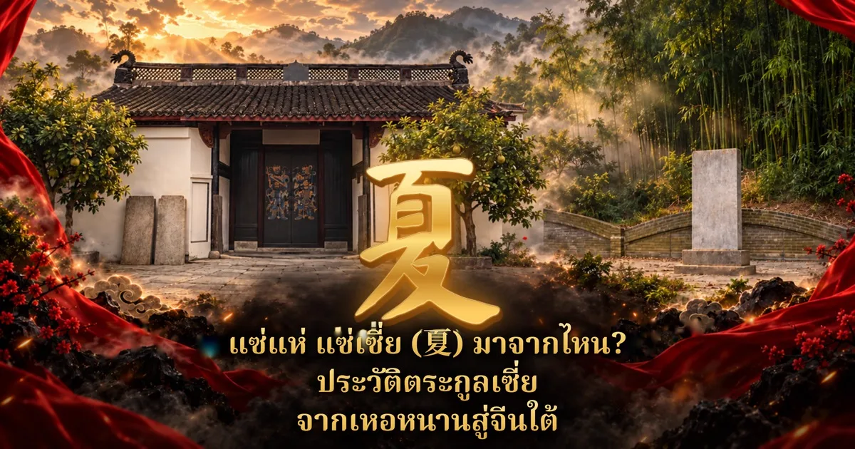 หอบรรพชนจีนผนังขาวหลังคากระเบื้องดำ ล้อมด้วยต้นส้มโอ ป่าไผ่ และแผ่นศิลาตั้งหน้าเนินสุสานทางขวา กลางภาพเป็นอักษรทอง 夏 และข้อความ แซ่แห่ แซ่เซี่ย (夏) มาจากไหน? ประวัติตระกูลเซี่ย จากเหอหนานสู่จีนใต้