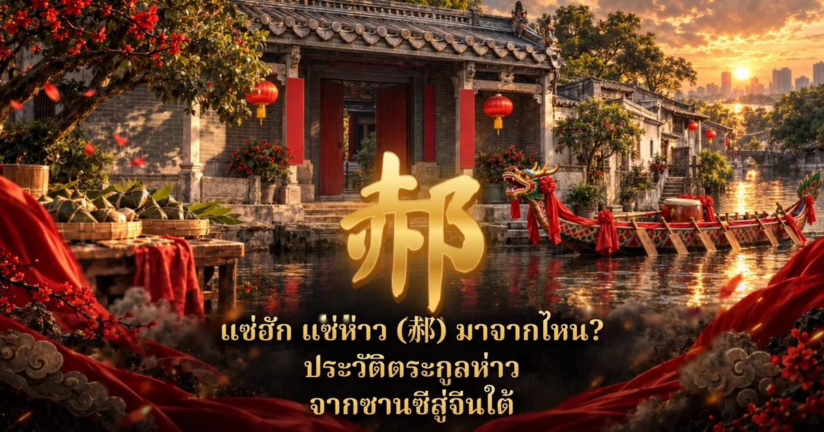 ภาพปก: อักษรจีน 郝 สีทองตัวใหญ่หน้าศาลบรรพชนอิฐสีเทาประตูแดงริมน้ำ มีเรือมังกร โคมแดง และขนมจ้างบนโต๊ะ ฉากหลังเป็นเมืองยามพระอาทิตย์ตก พร้อมข้อความไทย แซ่ฮัก แซ่ห่าว (郝) มาจากไหน? ประวัติตระกูลห่าว จากซานซีสู่จีนใต้