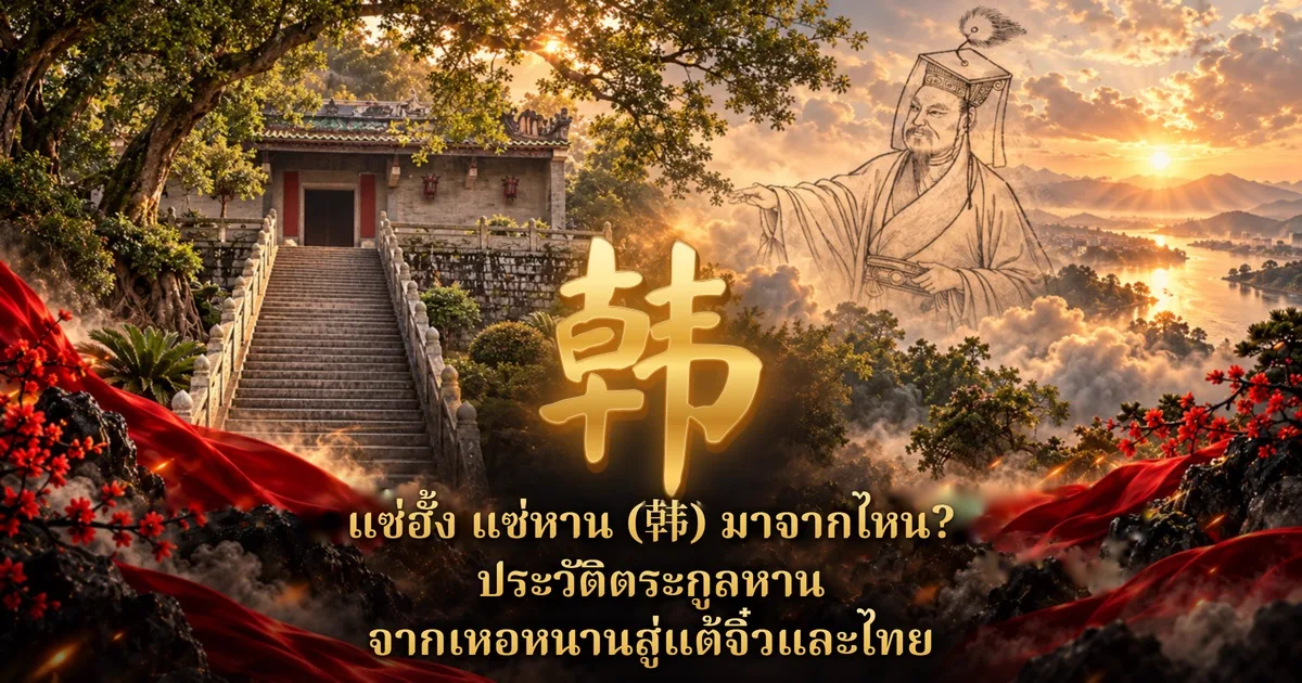 ภาพปกแซ่ฮั้ง อักษร 韩 สีทองตัวใหญ่กลางภาพ ด้านซ้ายเป็นบันไดหินขึ้นสู่ศาลจีนโบราณท่ามกลางต้นไม้ ด้านขวาเป็นภาพวาดลายเส้นขุนนางจีนโบราณบนท้องฟ้ายามพระอาทิตย์ตกเหนือแม่น้ำ ด้านล่างมีข้อความ แซ่ฮั้ง แซ่หาน (韩) มาจากไหน? ประวัติตระกูลหาน จากเหอหนานสู่แต้จิ๋วและไทย