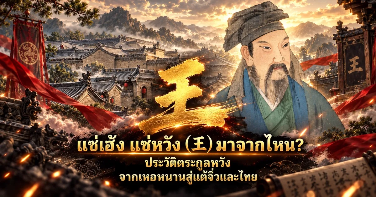 ภาพปกอักษร 王 สีทองขนาดใหญ่ ข้างภาพวาดบัณฑิตจีนโบราณไว้หนวดเครา สวมหมวกผ้าและเสื้อคลุมสีฟ้าเขียว ฉากหลังหมู่อาคารโบราณบนภูเขา พร้อมข้อความ แซ่เฮ้ง แซ่หวัง (王) มาจากไหน? ประวัติตระกูลหวัง จากเหอหนานสู่แต้จิ๋วและไทย