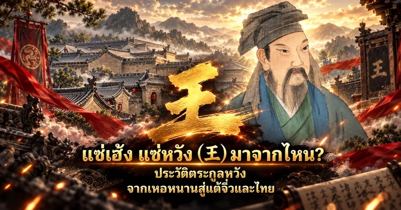 ภาพปกอักษร 王 สีทองขนาดใหญ่ ข้างภาพวาดบัณฑิตจีนโบราณไว้หนวดเครา สวมหมวกผ้าและเสื้อคลุมสีฟ้าเขียว ฉากหลังหมู่อาคารโบราณบนภูเขา พร้อมข้อความ แซ่เฮ้ง แซ่หวัง (王) มาจากไหน? ประวัติตระกูลหวัง จากเหอหนานสู่แต้จิ๋วและไทย