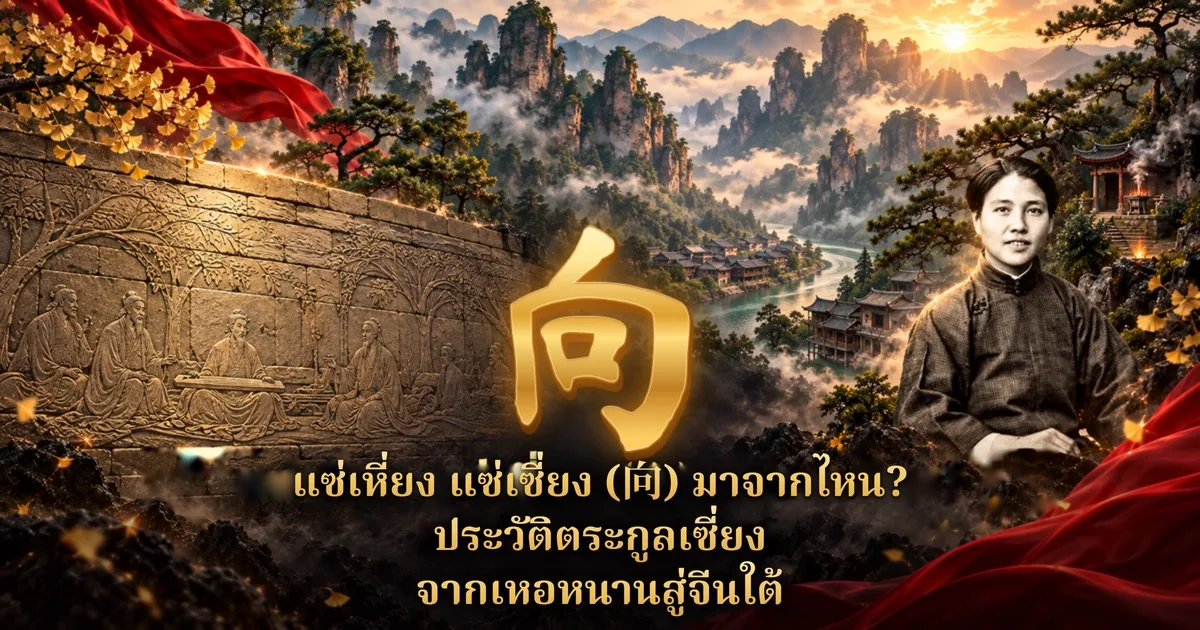 อักษรจีน 向 สีทองกลางภาพ ด้านซ้ายเป็นภาพวาดผนังอิฐนูนต่ำแนวเจ็ดปราชญ์ป่าไผ่ ด้านขวาเป็นภาพเซี่ยงจิ่งอวี่ ฉากหลังเป็นภูเขาหินและหมู่บ้านริมน้ำ พร้อมข้อความ แซ่เหี่ยง แซ่เซี่ยง (向) มาจากไหน? ประวัติตระกูลเซี่ยง จากเหอหนานสู่จีนใต้