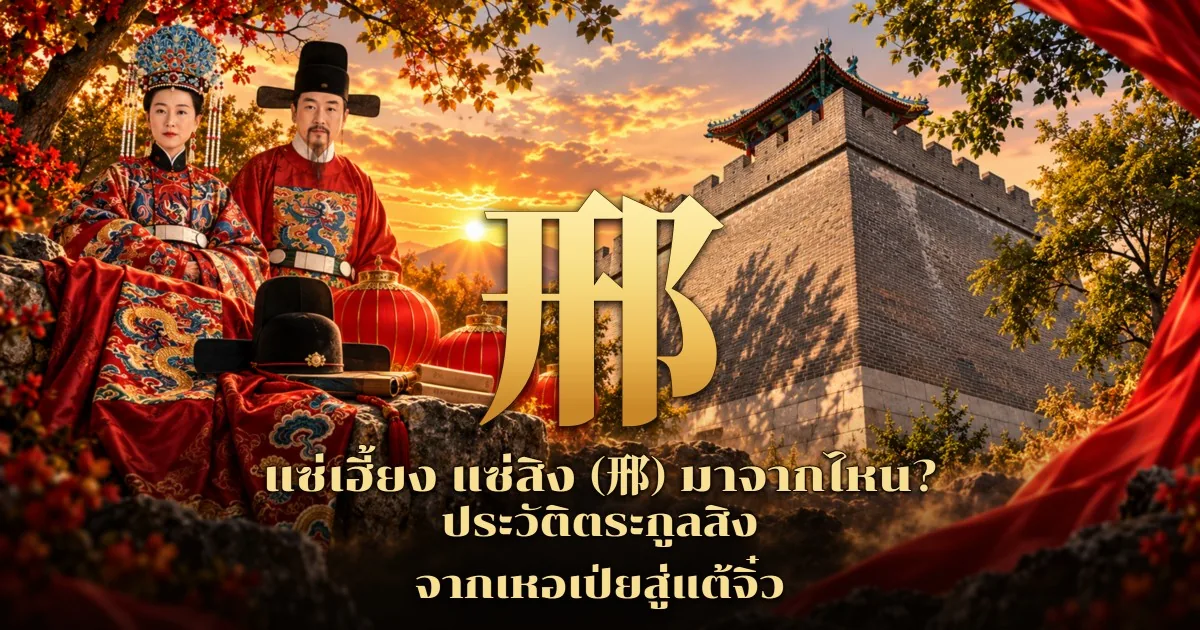 ภาพปกแซ่สิง อักษร 邢 สีทองขนาดใหญ่ ข้างขุนนางสมัยหมิงกับภรรยาในชุดแดงปักลายมังกร โคมแดง และกำแพงเมืองโบราณอิฐเทา พร้อมข้อความ แซ่เฮี้ยง แซ่สิง (邢) มาจากไหน? ประวัติตระกูลสิง จากเหอเป่ยสู่แต้จิ๋ว