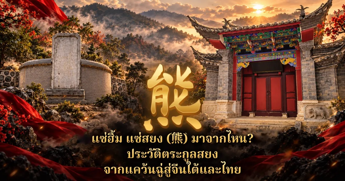 ภาพปกแซ่ฮิ้ม แซ่สยง ตัวอักษร 熊 สีทองกลางภาพ ด้านซ้ายเป็นสุสานทรงกลมมีแท่นศิลาตั้งอยู่กลางป่าเขา ด้านขวาเป็นประตูอาคารจีนผนังอิฐเทาบานประตูสีแดง ฉากหลังเป็นภูเขายามอาทิตย์ตก และข้อความไทยว่า แซ่ฮิ้ม แซ่สยง (熊) มาจากไหน? ประวัติตระกูลสยง จากแคว้นฉู่สู่จีนใต้และไทย