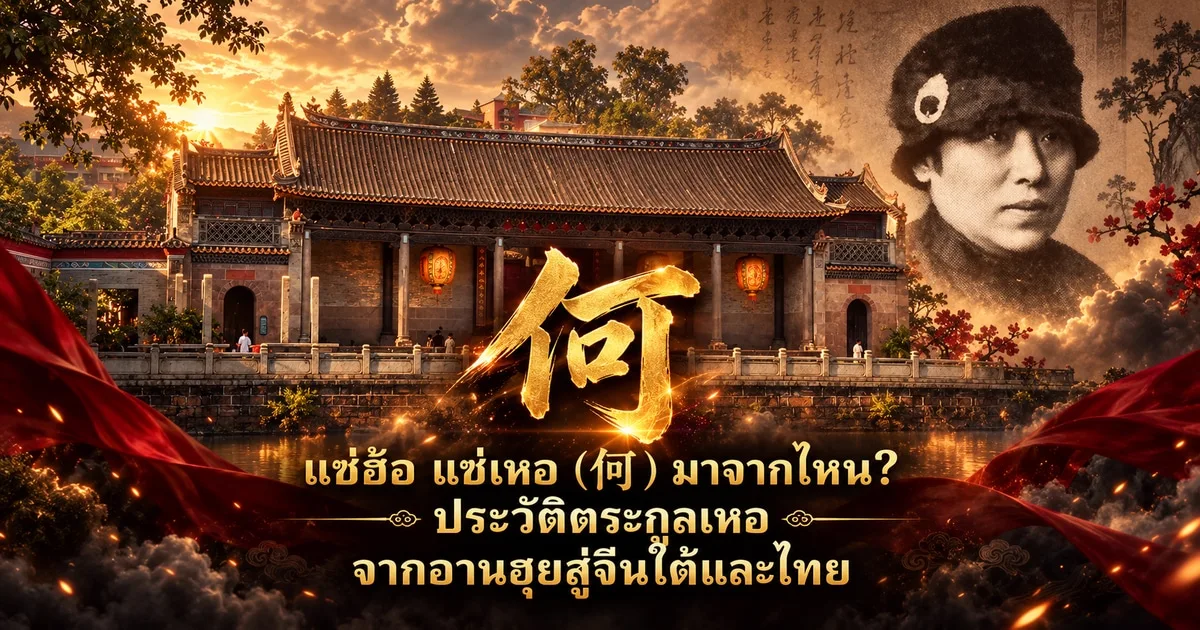 ภาพปกแซ่ฮ้อ แซ่เหอ อักษร 何 พู่กันสีทองกลางภาพ หน้าศาลบรรพชนหลิวเกิงถังหลังคากระเบื้องแขวนโคมแดงริมสระน้ำยามอาทิตย์ตก ข้างภาพถ่ายเก่าสีซีเปียของสตรีสวมหมวกขนสัตว์สีเข้ม มีแพรแดงและกิ่งดอกเหมยสีแดง พร้อมข้อความ แซ่ฮ้อ แซ่เหอ (何) มาจากไหน? ประวัติตระกูลเหอ จากอานฮุยสู่จีนใต้และไทย