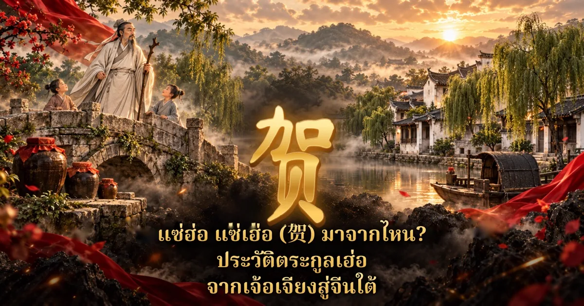 ตัวอักษรจีน 贺 สีทองขนาดใหญ่กลางภาพ ด้านหลังเป็นสะพานหินโค้งริมน้ำและบ้านจีนโบราณในหมอกยามพระอาทิตย์ตก มีชายชราถือไม้เท้ายืนคุยกับเด็กสองคน และไหเหล้าตั้งอยู่ข้างสะพาน ข้อความไทยบนภาพว่า แซ่ฮ่อ แซ่เฮ่อ (贺) มาจากไหน? ประวัติตระกูลเฮ่อ จากเจ้อเจียงสู่จีนใต้