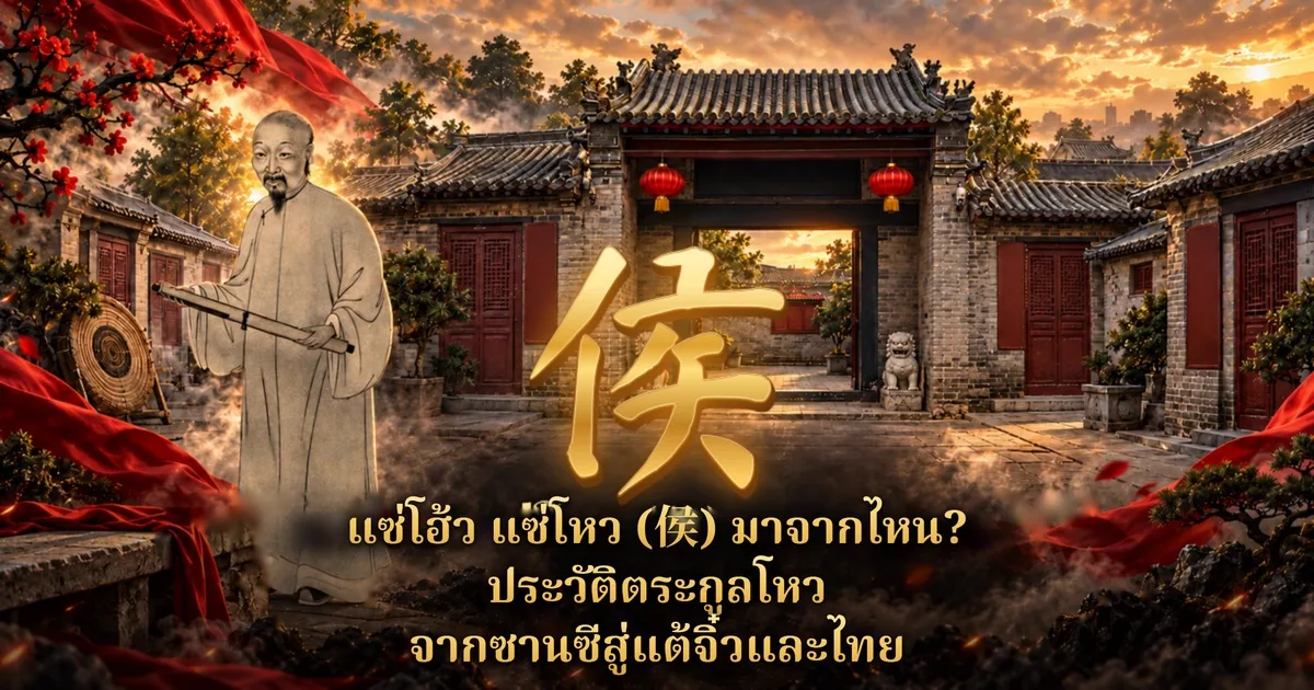 ตัวอักษรจีน 侯 สีทองขนาดใหญ่กลางภาพ ด้านหลังเป็นประตูบ้านจีนโบราณ หลังคากระเบื้องเทา โคมแดงคู่ สิงห์หิน มีภาพวาดบุรุษสวมเสื้อคลุมยาวถือม้วนหนังสือและเป้ายิงธนูทางซ้าย พร้อมข้อความ แซ่โฮ้ว แซ่โหว (侯) มาจากไหน? ประวัติตระกูลโหว จากซานซีสู่แต้จิ๋วและไทย