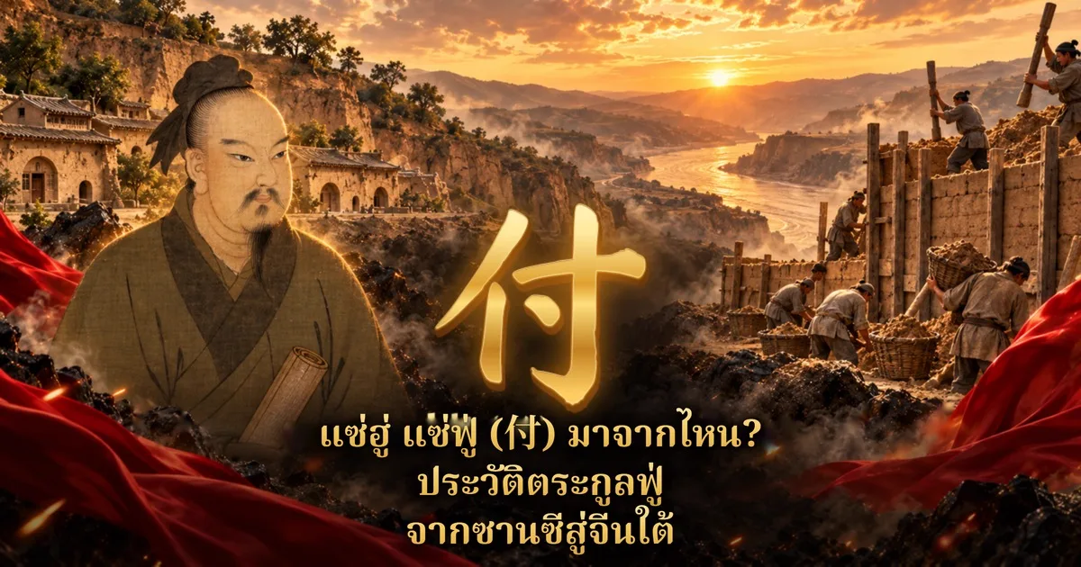 ภาพปกแซ่ฮู่ มีอักษรทอง 付 กลางภาพ ด้านซ้ายเป็นภาพวาดบุรุษจีนโบราณเคราบาง สวมเสื้อคลุมสีเขียวมะกอก ถือม้วนหนังสือ ด้านขวาเป็นคนงานอัดกำแพงดินด้วยแบบไม้ หลังเป็นหุบเขาดินเหลืองและแม่น้ำยามพระอาทิตย์ตก มีผ้าสีแดงที่มุมภาพ ข้อความไทยว่า แซ่ฮู่ แซ่ฟู่ (付) มาจากไหน? ประวัติตระกูลฟู่ จากซานซีสู่จีนใต้
