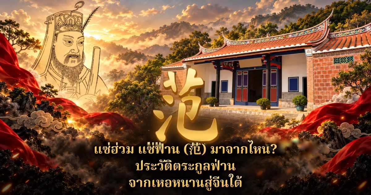 ภาพปกแซ่ฮ่วม แซ่ฟ่าน (范): อักษร 范 สีทองตรงกลาง ภาพลายเส้นฟ่านจ้งเยียนสวมหมวกขุนนางด้านซ้าย หอบรรพชนหลังคากระเบื้องแดงผนังอิฐท่ามกลางภูเขาและผ้าแดง พร้อมข้อความ แซ่ฮ่วม แซ่ฟ่าน (范) มาจากไหน? ประวัติตระกูลฟ่าน จากเหอหนานสู่จีนใต้