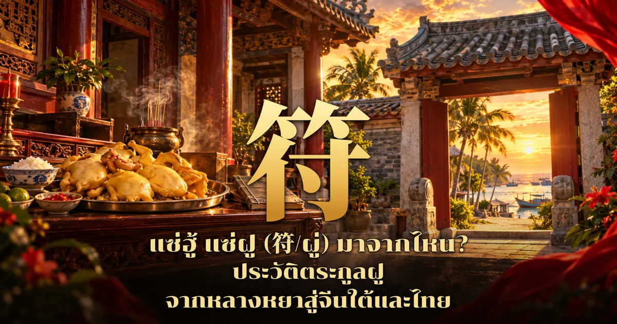 ภาพปกอักษร 符 สีทองตัวใหญ่ ด้านซ้ายเป็นโต๊ะไหว้ในศาลบรรพชนเสาแดง มีถาดไก่ต้มทั้งตัว ชามข้าว กระถางธูปควันลอย ด้านขวาเป็นประตูศาลหลังคากระเบื้องเปิดออกสู่ชายหาดต้นมะพร้าวและเรือยามพระอาทิตย์ตก พร้อมข้อความ แซ่ฮู้ แซ่ฝู (符/ผู่) มาจากไหน? ประวัติตระกูลฝู จากหลางหยาสู่จีนใต้และไทย
