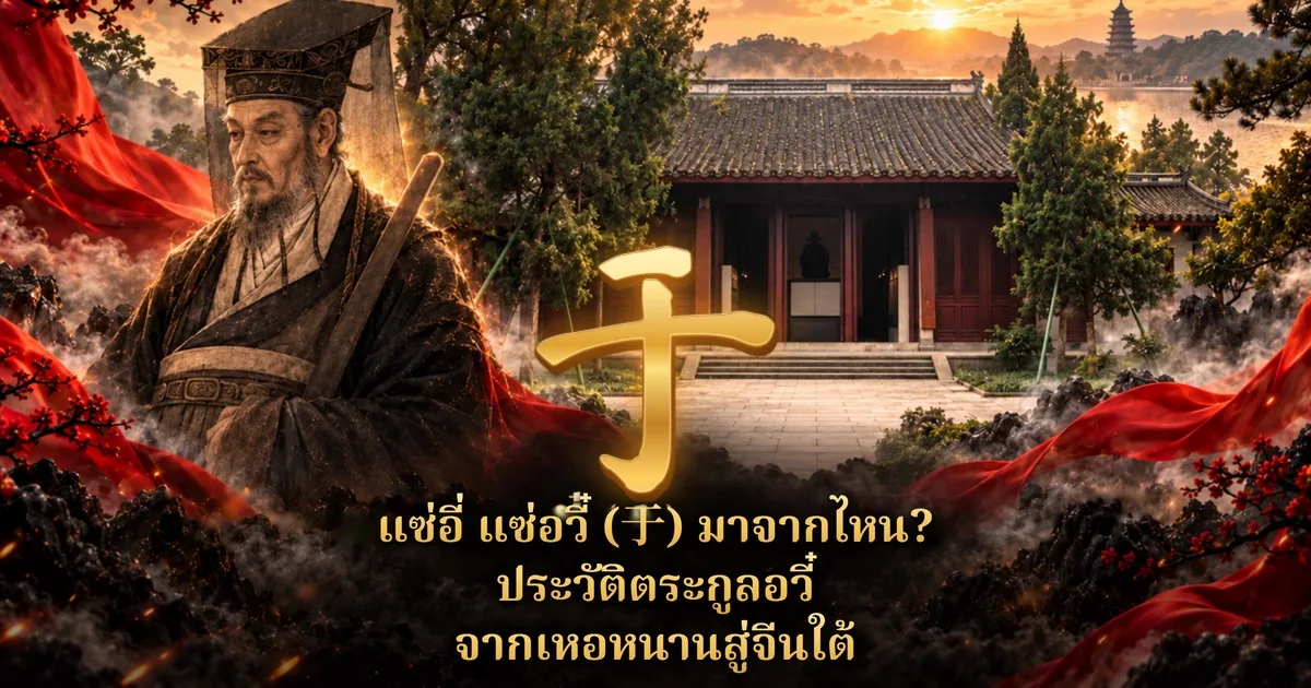 ภาพปกแซ่อี่ แซ่อวี๋ อักษรจีน 于 สีทองกลางภาพ ด้านซ้ายเป็นภาพวาดขุนนางจีนโบราณสวมหมวกทรงสูงถือไม้ยาว ด้านหลังเป็นศาลบรรพชนหลังคากระเบื้องริมทะเลสาบ มีเจดีย์และแสงอาทิตย์ตก ผ้าแดงและดอกบ๊วย พร้อมข้อความ แซ่อี่ แซ่อวี๋ (于) มาจากไหน? ประวัติตระกูลอวี๋ จากเหอหนานสู่จีนใต้