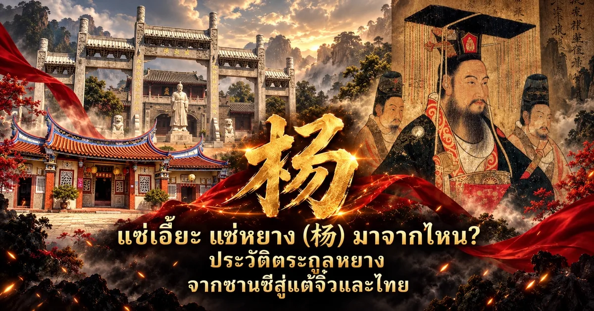 ภาพปกแซ่เอี๊ยะ แซ่หยาง อักษร 杨 สีทองกลางภาพ ด้านซ้ายเป็นซุ้มประตูหินกับศาลบรรพชนจีน ด้านขวาเป็นภาพวาดจักรพรรดิสุยเหวินตี้ หยางเจียน พร้อมข้อความแซ่เอี๊ยะ แซ่หยาง (杨) มาจากไหน