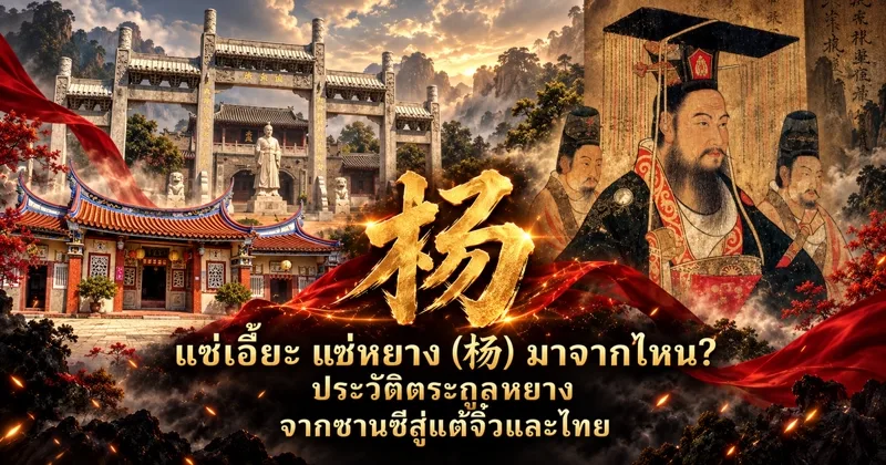 ภาพปกแซ่เอี๊ยะ แซ่หยาง อักษร 杨 สีทองกลางภาพ ด้านซ้ายเป็นซุ้มประตูหินกับศาลบรรพชนจีน ด้านขวาเป็นภาพวาดจักรพรรดิสุยเหวินตี้ หยางเจียน พร้อมข้อความแซ่เอี๊ยะ แซ่หยาง (杨) มาจากไหน