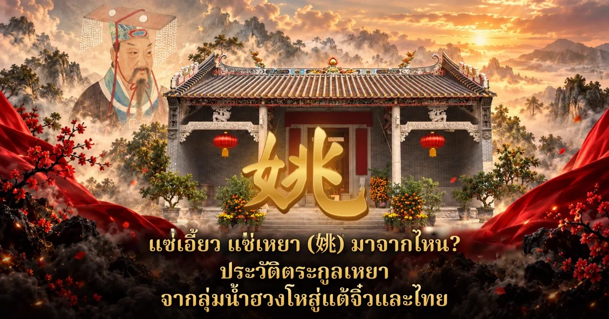 ภาพปกวาดประกอบ ศาลบรรพชนจีนแบบแต้จิ๋วท่ามกลางภูเขาและหมอกยามอาทิตย์ตก มีอักษรทอง 姚 ตรงกลาง ภาพวาดพระเจ้าซุ่นที่มุมซ้ายบน โคมแดงสองข้างประตู และข้อความ แซ่เอี้ยว แซ่เหยา (姚) มาจากไหน? ประวัติตระกูลเหยา จากลุ่มน้ำฮวงโหสู่แต้จิ๋วและไทย