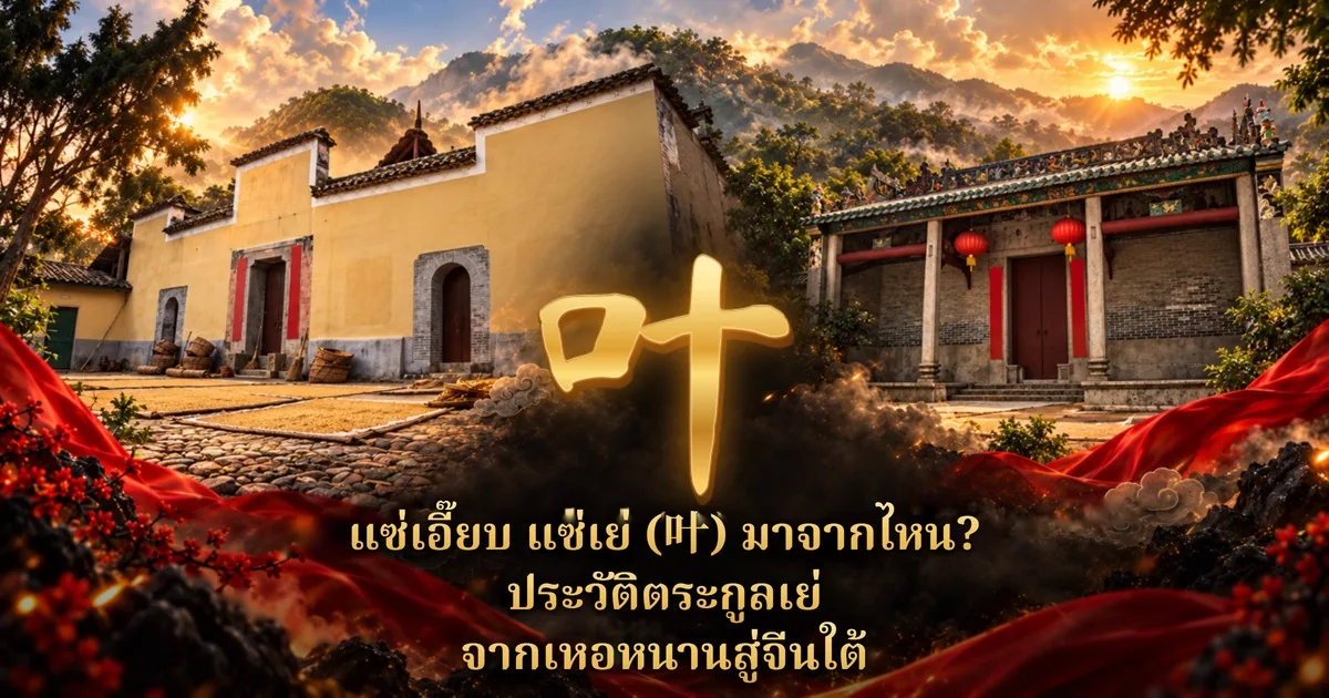 ภาพประกอบศาลบรรพชนแบบจีนใต้สองหลัง ทางซ้ายกำแพงสีเหลืองกับลานตากข้าว ทางขวาหลังคาประดับลวดลายและโคมแดง กลางภาพมีอักษร 叶 สีทอง และข้อความ แซ่เอี๊ยบ แซ่เย่ (叶) มาจากไหน? ประวัติตระกูลเย่ จากเหอหนานสู่จีนใต้