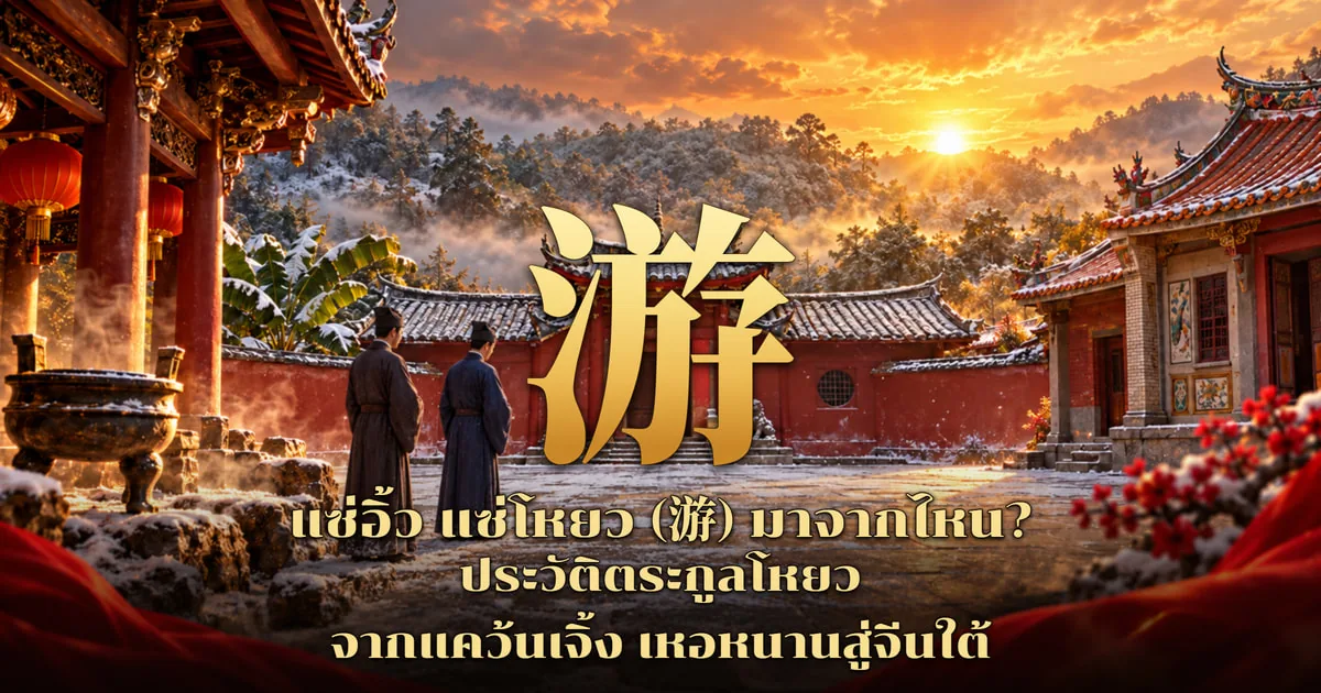 ภาพปกอักษร 游 สีทองตัวใหญ่ หน้าศาลจีนกำแพงแดงหลังคากระเบื้องเทาท่ามกลางหิมะ บัณฑิตสองคนในชุดยาวยืนหันหลังรอหน้าลาน ข้างซ้ายมีกระถางธูปสำริดและเสาแดงแขวนโคม ข้างขวาเป็นศาลหลังคาแดงประดับภาพนกยูงและกิ่งดอกเหมยแดง ฉากภูเขายามพระอาทิตย์ตก พร้อมข้อความ แซ่อิ้ว แซ่โหยว (游) มาจากไหน? ประวัติตระกูลโหยว จากแคว้นเจิ้ง เหอหนานสู่จีนใต้