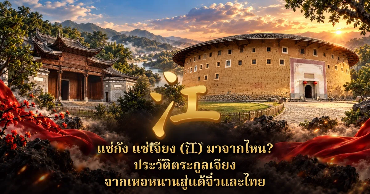 ภาพปกแซ่กัง แซ่เจียง 江: ศาลบรรพชนไม้จีนริมแม่น้ำทางซ้าย ตึกดินทรงกลมของฝูเจี้ยนทางขวา ตัวอักษรทอง 江 ตรงกลาง ผ้าแดงและดอกไม้แดงด้านหน้า พร้อมข้อความ แซ่กัง แซ่เจียง (江) มาจากไหน? ประวัติตระกูลเจียง จากเหอหนานสู่แต้จิ๋วและไทย
