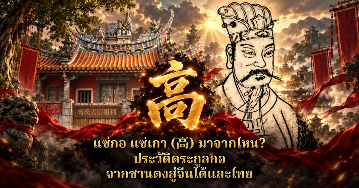 ภาพปกอักษร 高 สีทองกลางควันดำ ด้านซ้ายเป็นศาลบรรพชนจีนหลังคาโค้งกับสิงโตหินและธงแดงอักษร 高 ด้านขวาเป็นภาพลายเส้นขุนนางจีนโบราณ พร้อมข้อความแซ่เกา แซ่โก (高) มาจากไหน