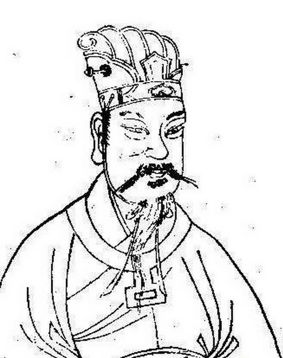 ภาพลายเส้นขาวดำของเกาฮวน ผู้วางรากฐานราชวงศ์เป่ยฉีแห่งตระกูลแซ่เกาป๋อไห่ สวมหมวกขุนนาง ไว้หนวดเครา