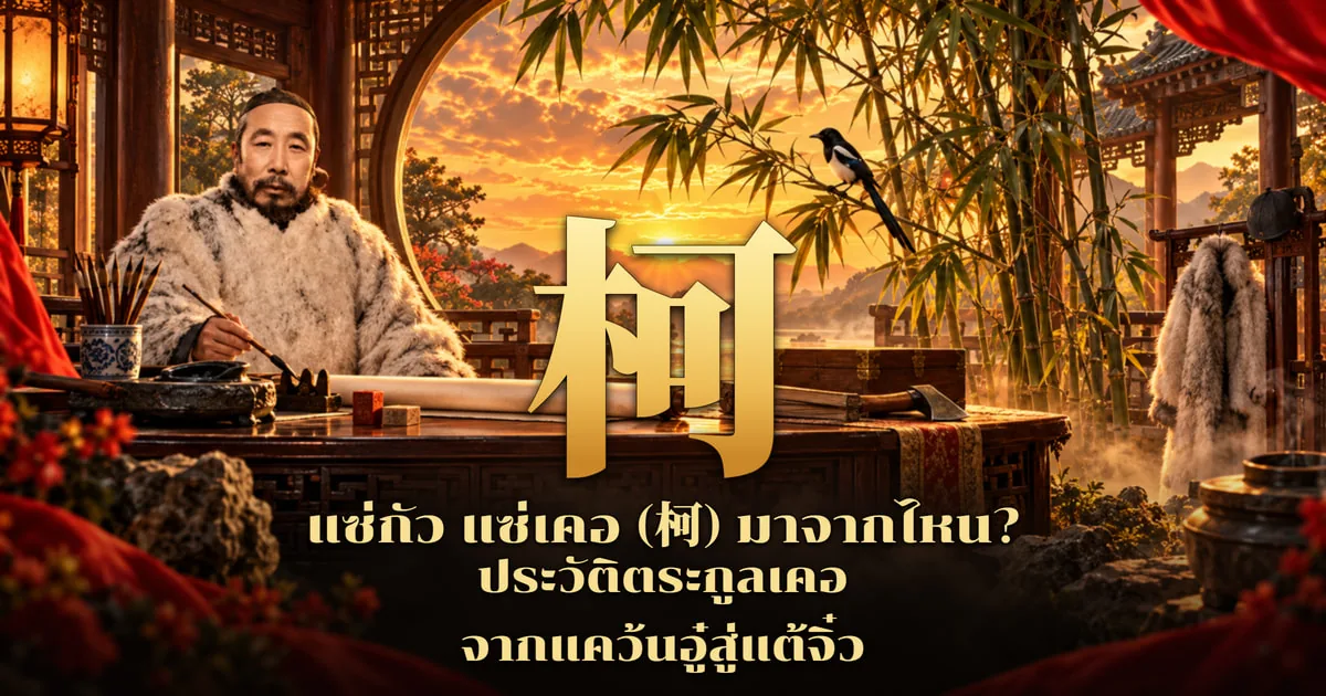ภาพปกแซ่เคอ อักษร 柯 สีทองขนาดใหญ่ ชายสวมเสื้อคลุมขนสัตว์นั่งจับพู่กันที่โต๊ะไม้ กอไผ่มีนกกางเขนเกาะ ขวานวางบนโต๊ะ หน้าต่างวงกลมรับแสงอาทิตย์ตก พร้อมข้อความ แซ่กัว แซ่เคอ (柯) มาจากไหน? ประวัติตระกูลเคอ จากแคว้นอู๋สู่แต้จิ๋ว