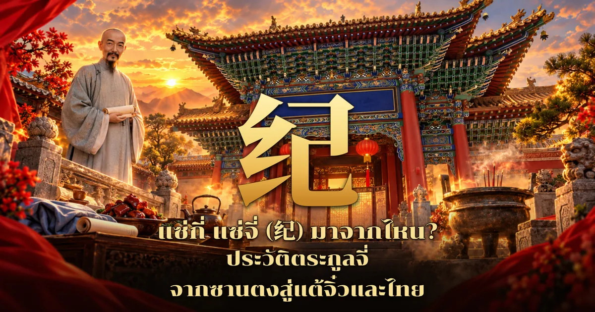 ภาพปกแซ่จี่ อักษร 纪 สีทองขนาดใหญ่หน้าซุ้มประตูศาลหลังคาสองชั้นทาสีเขียวน้ำเงิน เสาแดงและโคมแดง ชายศีรษะโกนไว้หนวดเคราในชุดยาวสีเทาถือม้วนหนังสือ โต๊ะมีจานเนื้อ กาน้ำชา และกระถางธูปสำริด พร้อมข้อความ แซ่กี่ แซ่จี่ (纪) มาจากไหน? ประวัติตระกูลจี่ จากซานตงสู่แต้จิ๋วและไทย