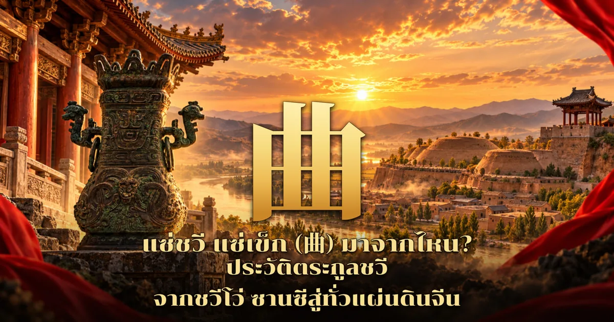 ภาพปกแซ่ชวี แซ่เข็ก อักษร 曲 สีทองขนาดใหญ่กลางภาพ ข้างซ้ายเป็นภาชนะสำริดโบราณตั้งบนแท่นหินหน้าอาคารเสาแดง ข้างขวาเป็นเมืองโบราณ เนินดินและแม่น้ำยามพระอาทิตย์ตก พร้อมข้อความ แซ่ชวี แซ่เข็ก (曲) มาจากไหน? ประวัติตระกูลชวี จากชวีโว่ ซานซีสู่ทั่วแผ่นดินจีน