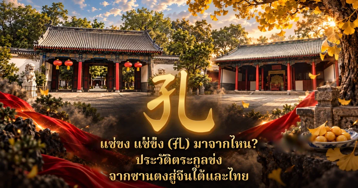 อักษรจีน 孔 สีทองกลางภาพ ฉากหลังเป็นภาพประกอบประตูและอาคารจีนโบราณเสาแดงหลังคากระเบื้องเทา โคมแดงและสิงโตหิน ต้นแปะก๊วยใบสีทองกับชามผลแปะก๊วย พร้อมข้อความ แซ่ขง แซ่ข่ง (孔) มาจากไหน? ประวัติตระกูลข่ง จากซานตงสู่จีนใต้และไทย