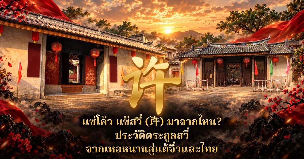 ภาพปกแซ่โค้ว แซ่สวี่ อักษร 许 สีทองขนาดใหญ่กลางภาพ ฉากหลังเป็นลานหน้าอาคารจีนโบราณหลังคากระเบื้องยามอาทิตย์ตก มีโคมแดงและธงสี พร้อมข้อความ แซ่โค้ว แซ่สวี่ (许) มาจากไหน? ประวัติตระกูลสวี่ จากเหอหนานสู่แต้จิ๋วและไทย