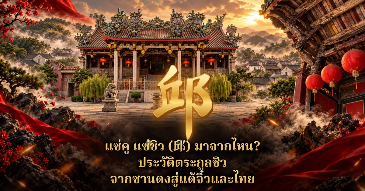 ภาพประกอบศาลบรรพชนจีนหลังคาประดับวิจิตร มีสิงห์หินและโคมแดง อักษร 邱 สีทองตรงกลาง และข้อความ แซ่คู แซ่ชิว (邱) มาจากไหน? ประวัติตระกูลชิว จากซานตงสู่แต้จิ๋วและไทย