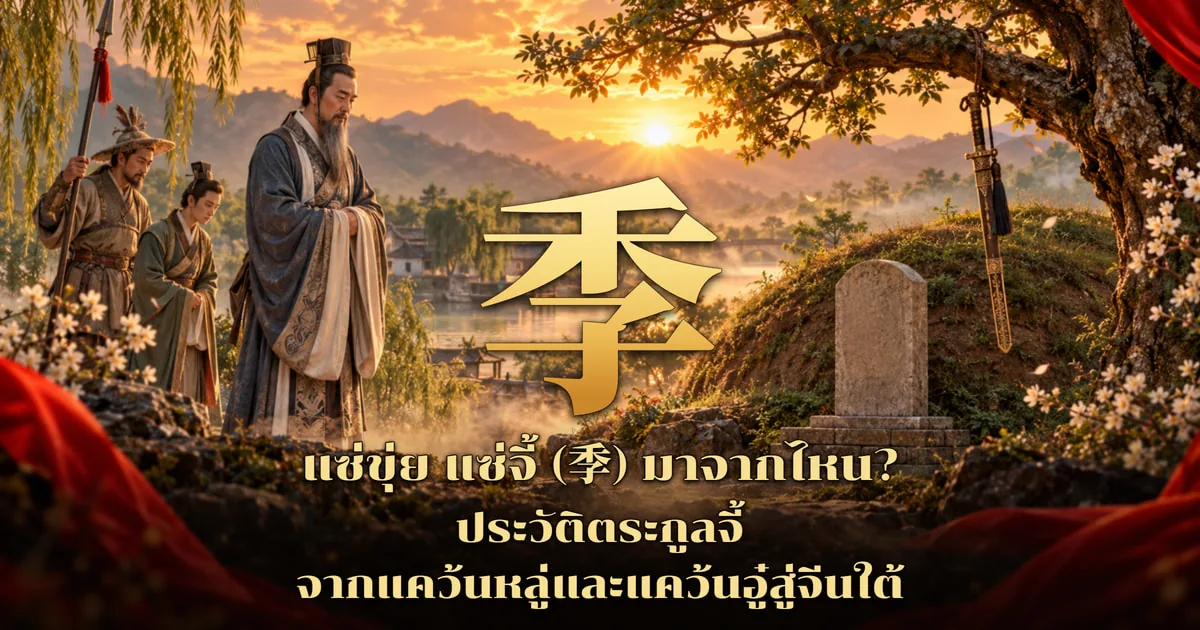 ภาพปกอักษร 季 สีทองตัวใหญ่ ด้านซ้ายเป็นบัณฑิตไว้เครายาวสวมหมวกทรงสูงและชุดคลุมยาว มีบริวารสองคนถือทวนยืนด้านหลัง ด้านขวาเป็นเนินหลุมศพมีป้ายศิลา และกระบี่แขวนจากกิ่งต้นไม้ใหญ่ ฉากพระอาทิตย์ตกเหนือแม่น้ำและภูเขา มีดอกไม้ขาวบาน พร้อมข้อความ แซ่ขุ่ย แซ่จี้ (季) มาจากไหน? ประวัติตระกูลจี้ จากแคว้นหลู่และแคว้นอู๋สู่จีนใต้
