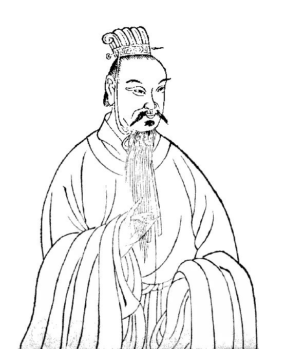 ภาพลายเส้นจี้จา 季札 บรรพชนคนสำคัญของแซ่ขุ่ย แซ่จี้ ชายไว้หนวดและเครายาวจรดอก สวมหมวกขุนนางและเสื้อคลุมแขนกว้างพับหลายชั้น