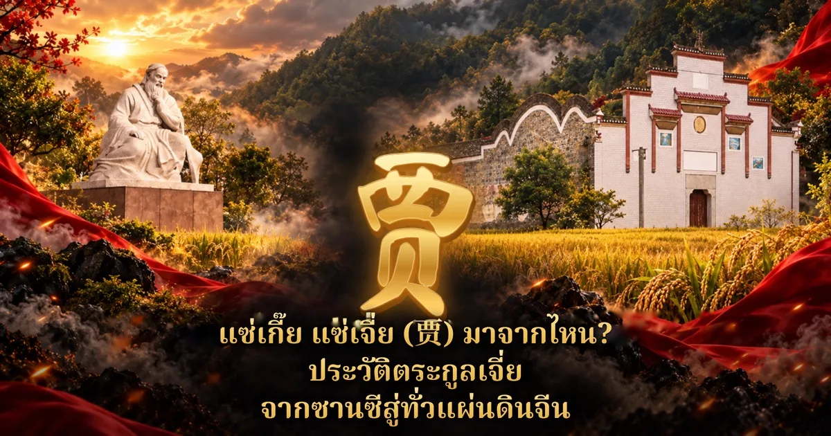 ตัวอักษรจีนสีทอง 贾 กลางภาพ ด้านซ้ายเป็นรูปปั้นหินสีขาวของนักปราชญ์นั่งครุ่นคิด ด้านขวาเป็นหอบรรพชนผนังขาวหน้าทุ่งข้าว พร้อมข้อความ แซ่เกี๊ย แซ่เจี่ย (贾) มาจากไหน? ประวัติตระกูลเจี่ย จากซานซีสู่ทั่วแผ่นดินจีน