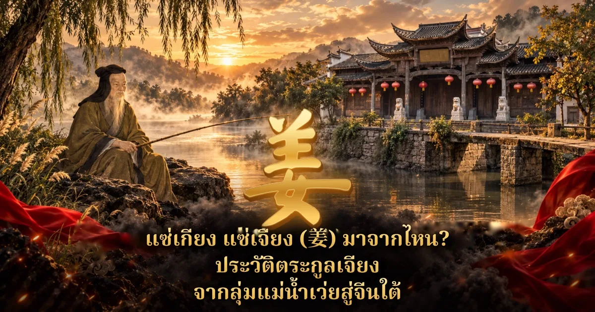 ภาพปกแซ่เกียง แซ่เจียง 姜: ชายชราตกปลาริมแม่น้ำยามอาทิตย์ตก ตัวอักษรทอง 姜 ตรงกลาง ด้านหลังเป็นอาคารจีนโบราณประดับโคมแดง พร้อมข้อความ แซ่เกียง แซ่เจียง (姜) มาจากไหน? ประวัติตระกูลเจียง จากลุ่มแม่น้ำเว่ยสู่จีนใต้