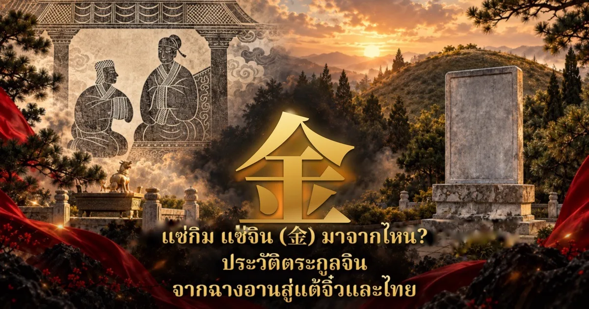 ภาพปกบทความแซ่กิม แซ่จิน: อักษร 金 สีทองตรงกลาง ซ้ายเป็นภาพวาดแบบลายสลักหินสมัยฮั่น ชายคนหนึ่งคุกเข่าต่อหน้าบุคคลที่นั่งอยู่ ขวาเป็นแท่นศิลาไม่มีตัวอักษรบนเนินป่าสนยามอาทิตย์ตก พร้อมข้อความ แซ่กิม แซ่จิน (金) มาจากไหน? ประวัติตระกูลจิน จากฉางอานสู่แต้จิ๋วและไทย