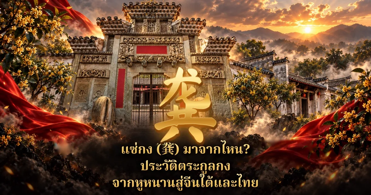 ภาพประกอบซุ้มประตูหินแกะสลักแบบศาลบรรพชนจีน ท่ามกลางภูเขาและต้นกุ้ยดอกเหลืองยามอาทิตย์ตก มีอักษรจีนสีทอง 龚 ตรงกลางและข้อความ แซ่กง (龚) มาจากไหน? ประวัติตระกูลกง จากหูหนานสู่จีนใต้และไทย