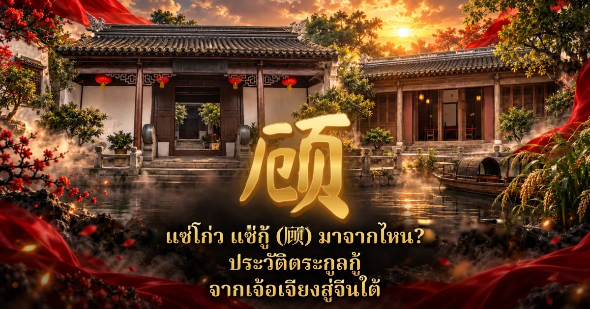 บ้านจีนโบราณริมน้ำแบบเจียงหนานยามอาทิตย์ตก มีเรือประทุน รวงข้าว และกิ่งดอกไม้แดง อักษรทองตัวใหญ่ 顾 กลางภาพ และข้อความไทย แซ่โก่ว แซ่กู้ (顾) มาจากไหน? ประวัติตระกูลกู้ จากเจ้อเจียงสู่จีนใต้
