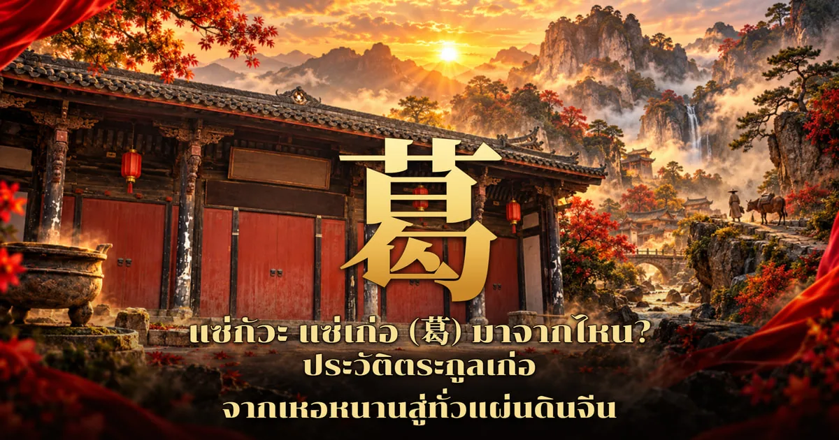 ภาพปกแซ่เก่อ อักษร 葛 สีทองขนาดใหญ่หน้าศาลบรรพชนไม้ประตูสีแดง กระถางธูปสำริด หุบเขาและน้ำตก นักเดินทางกับวัวบนทางภูเขา พร้อมข้อความ แซ่กัวะ แซ่เก่อ (葛) มาจากไหน? ประวัติตระกูลเก่อ จากเหอหนานสู่ทั่วแผ่นดินจีน